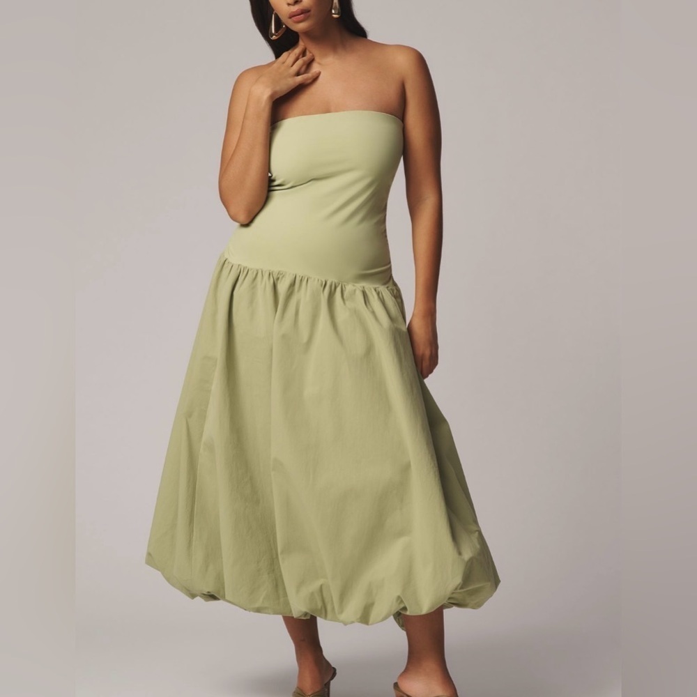 NWT! Anthro Sage Green Mare Mare Strapless Drop-Waist Bubble Midi Dress 🔴🐚🖼️ - Picture 4 of 11